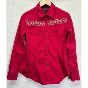 Rock & Roll Cowgirl Long Sleeve Snap Front Shirt Red Embroidered Distress L .e